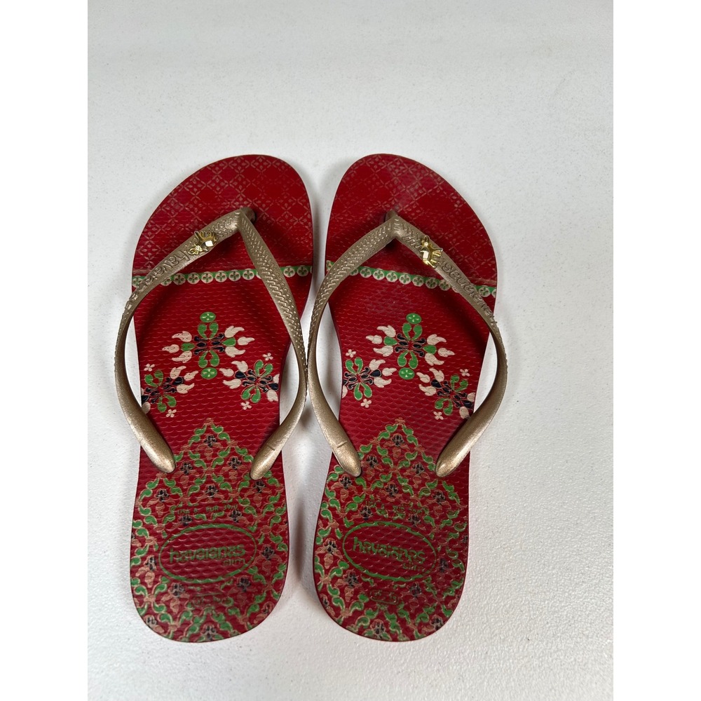 Havaianas Slim Flip Flop Sandals Women's 6 Red Gold Floral Elephant Charm
